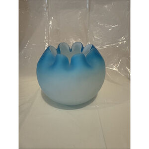 Vintage MCM Fenton Fading Blue Satin Glass Rose Bowl Vase Decor Crimped Edge 4"​